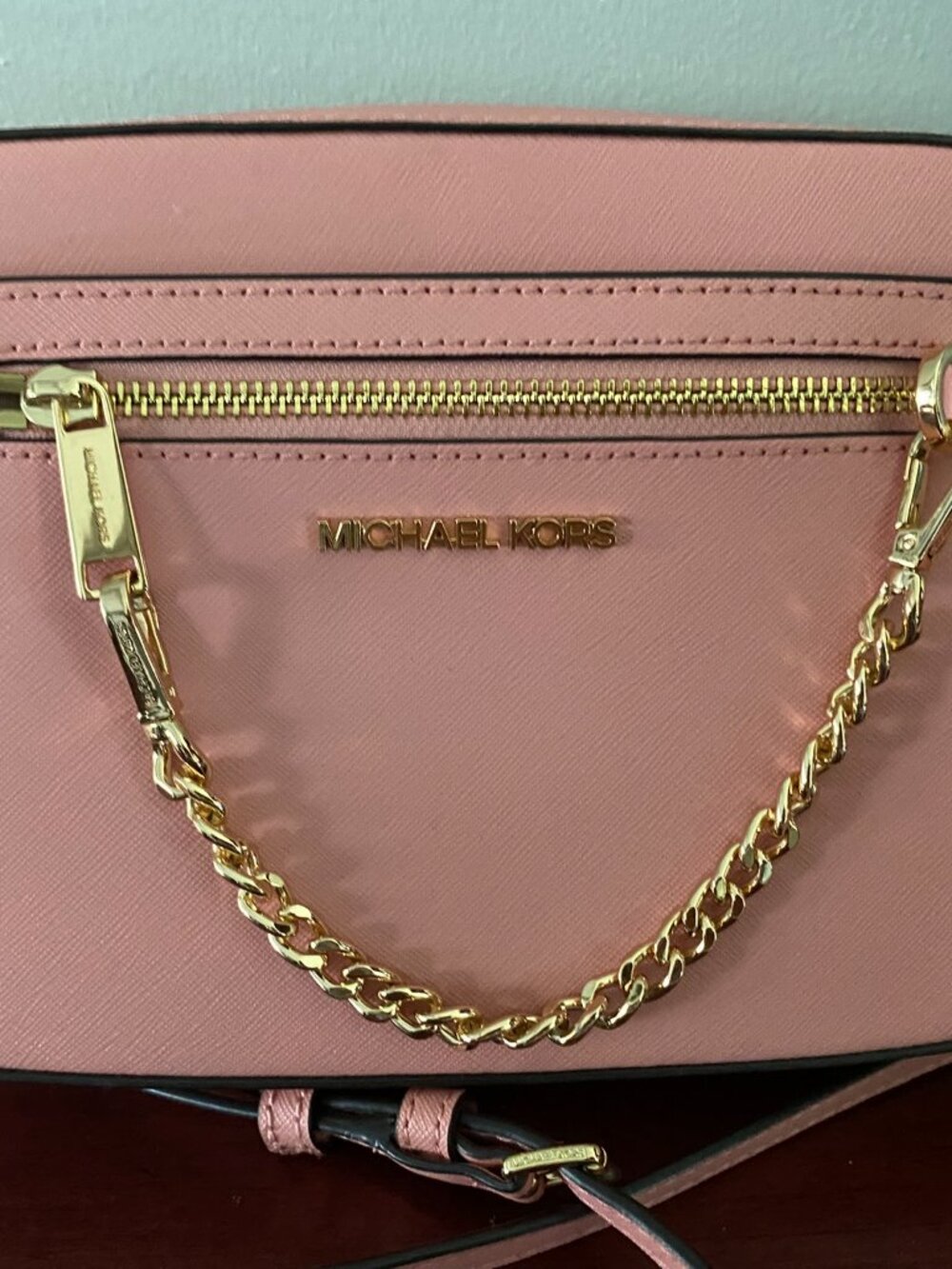 Michael Kors Pink Saffiano Leather Gold Chain Adjustable Strap Crossbody Bag